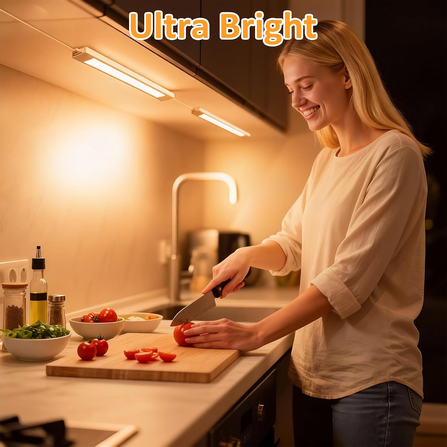 Woman preparing food under bright under-cabinet LED lights