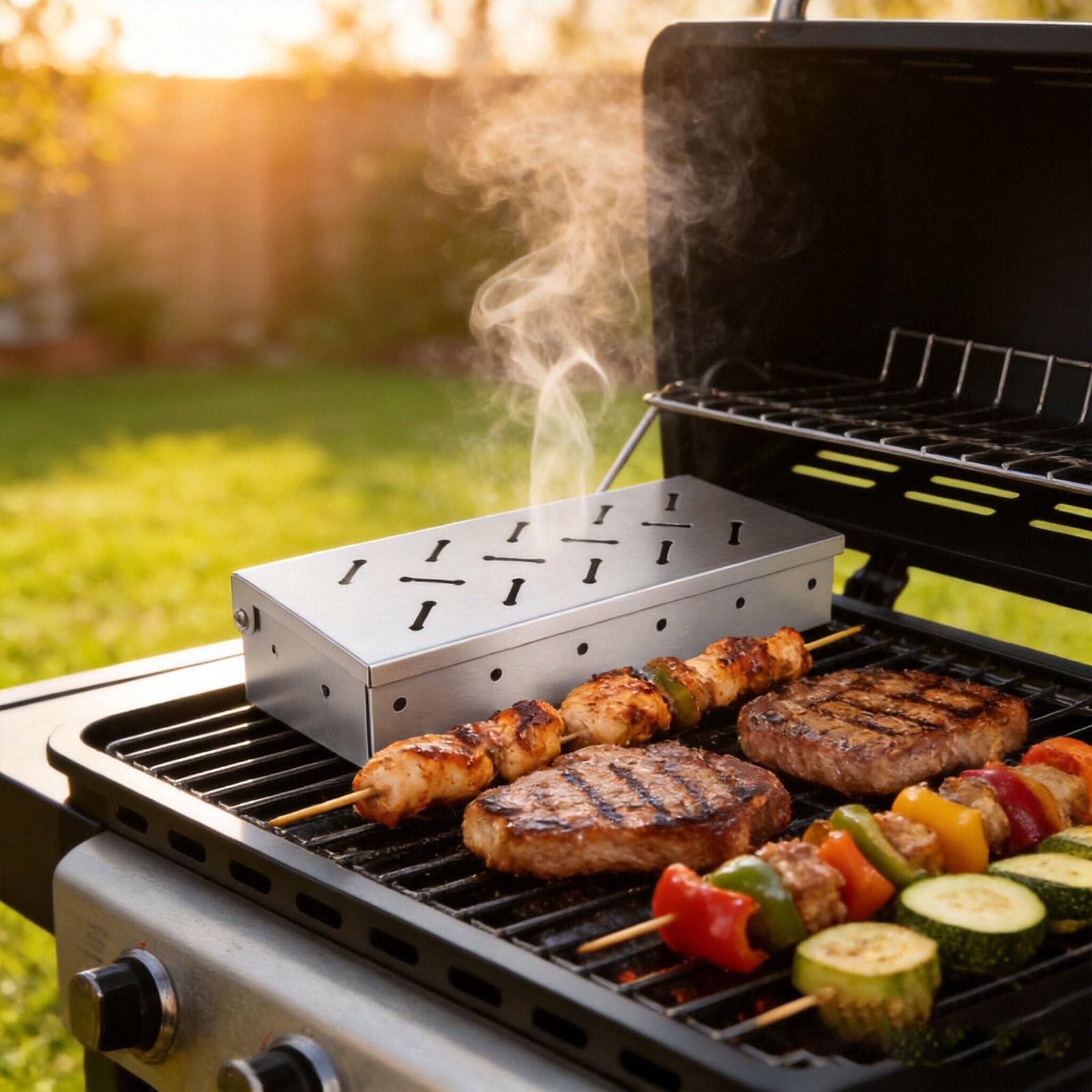 Caja ahumadora para barbacoa con astillas de madera, accesorios de acero inoxidable de alta resistencia para infusión de sabor ahumado en carnes y pescados, compatible con parrillas de gas y carbón.
