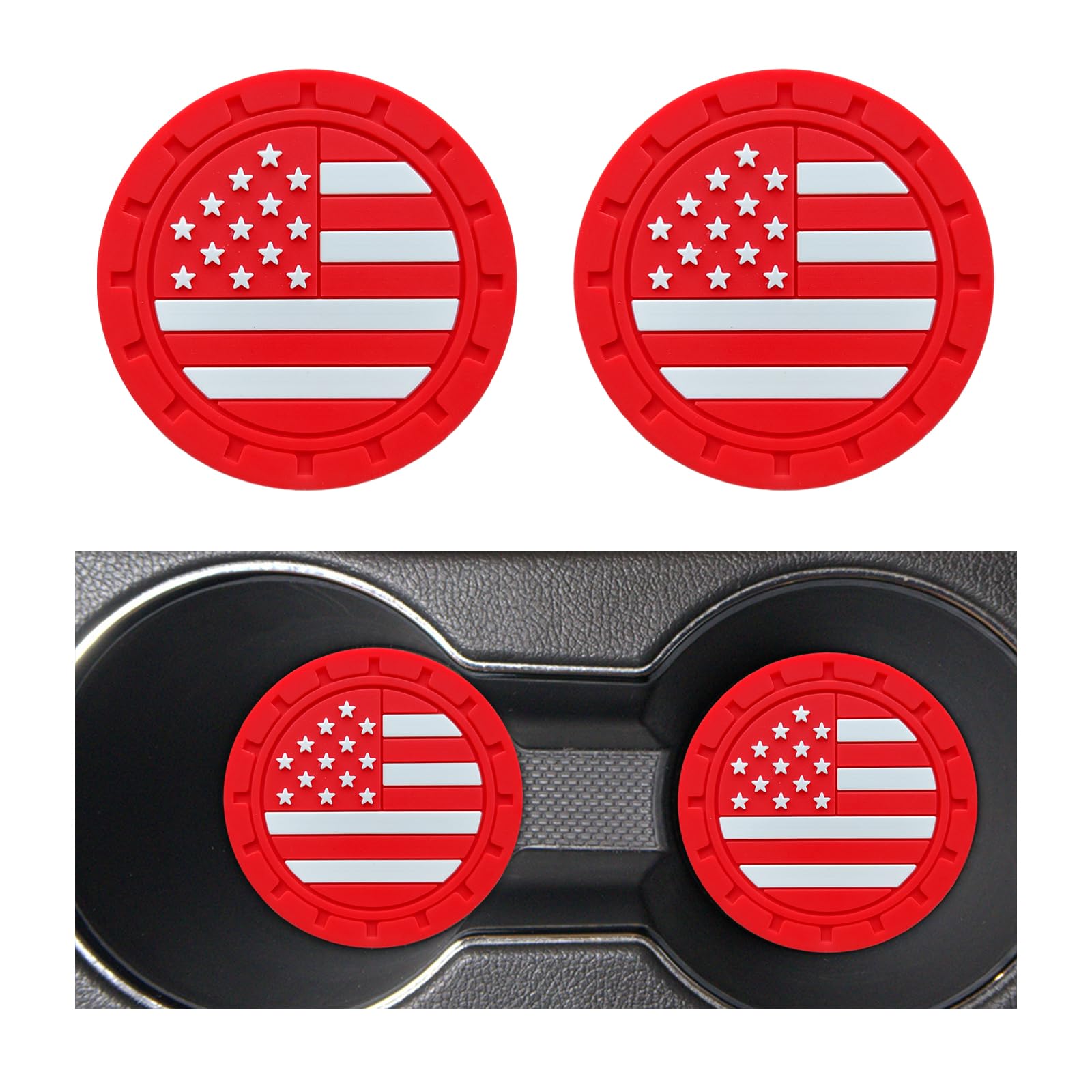 Augeny2 PCS Car Cup Holder Coasters, 2.75 Inch American Flag US Flag Insert Auto Cup Coaster, Universal Anti Slip Cup Mat for Men Women, Vehicle Interior Decor Accessories (Red)