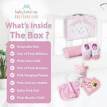 Baby Box Shop Baby Geschenkset Mädchen Baby Geschenk zur Geburt Mädchen Baby Shower Geschenk Neugeborenen Geschenkset mit Rassel Lätzchen Mütze Fäustlingen & Erinnerungsbox Rosa