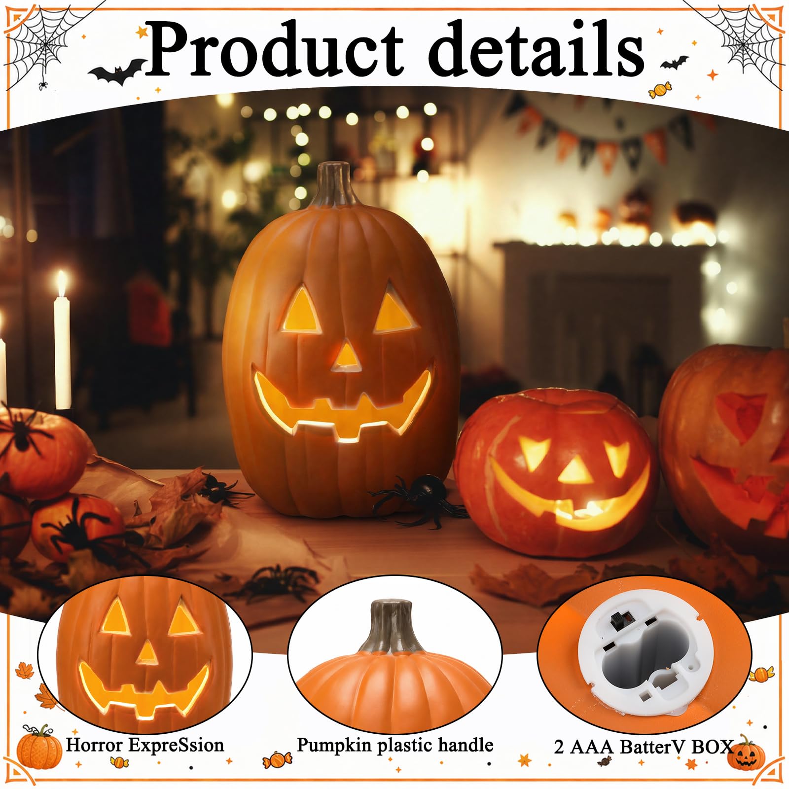 Huquary Lanterna a forma di zucca di Halloween, 40,6 cm, in plastica, con illuminazione a forma di zucca con LED spettrale, decorazione per Halloween, Ringraziamento, autunno, da tavolo, comodino