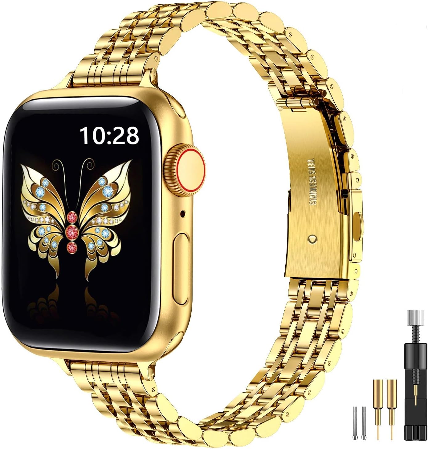 MioHHR Slim Metal Bands Compatible with Apple Watch Band Series 8/7(45mm 41mm) ,Series SE 6/5/4(40mm 44mm) ,Series 3/2 /1(38mm 42mm), Thin Stainless Steel Chain Strap for Women iWatch Band