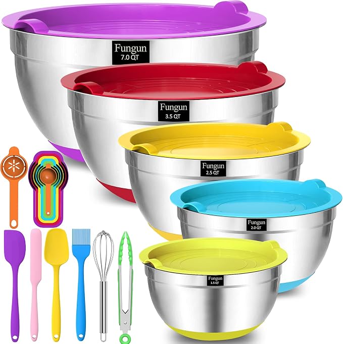Fungun Mixing Bowls with Airtight Lids, 18 PCS Stainless Steel Colorful Nesting Mixing Bowls Set for Baking, Mixing, Serving & Nesting, Size, 7, 3.5, 2.5, 2, 1.5 qt, with Non-Slip Bottoms