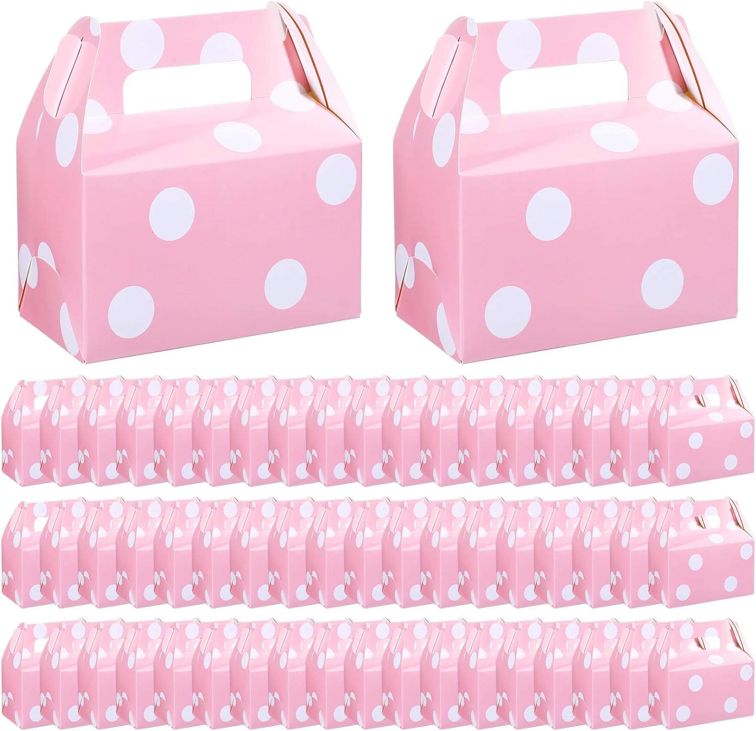 TecUnite 50 Pcs Pink Polka Dot Party Favors Boxes Large Treat Candy Gift Boxes with Handles 6.3 x 6.3 x 3.5 Inches for Birthday Halloween Christmas Party Supplies