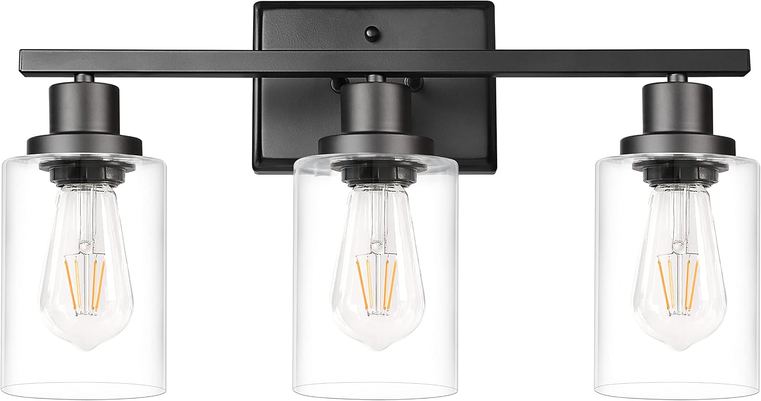Ascher Bathroom Vanity Light Fixtures, 3 Light Wall Sconces Lighting with Clear Glass Shade, Black Wall Lights for Mirror, Kitchen, Living Room, Gallery, Hallway, E26 Base (Bulbs Not Included)