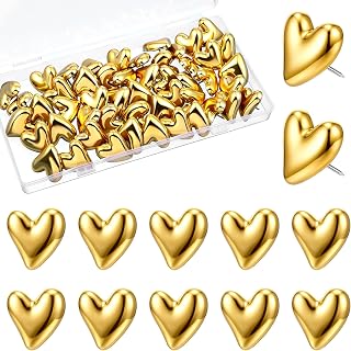 Gold Push Pins, 50 Pcs Decorative Gold Heart Cute Thumb Tacks Decorative Cute Push Pins for Corkboard Wall Bulletin Board Photos Posters Maps Home Office Supplies