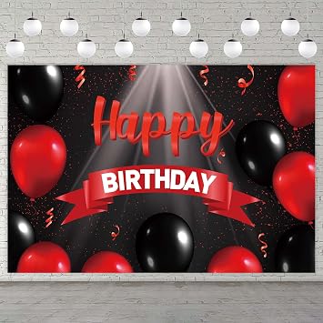 Happy Birthday Banner Backdrop Decorations Red and Black Balloons Spotlight Theme Decor for Girls Women Princess 16 Years Old Birthday Party Bday Photo Booth Props Supplies Background Favors Gold