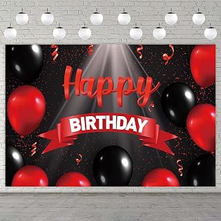 Happy Birthday Banner Backdrop Decorations Red and Black Balloons Spotlight Theme Decor for Girls Women Princess 16 Years Old Birthday Party Bday Photo Booth Props Supplies Background Favors Gold