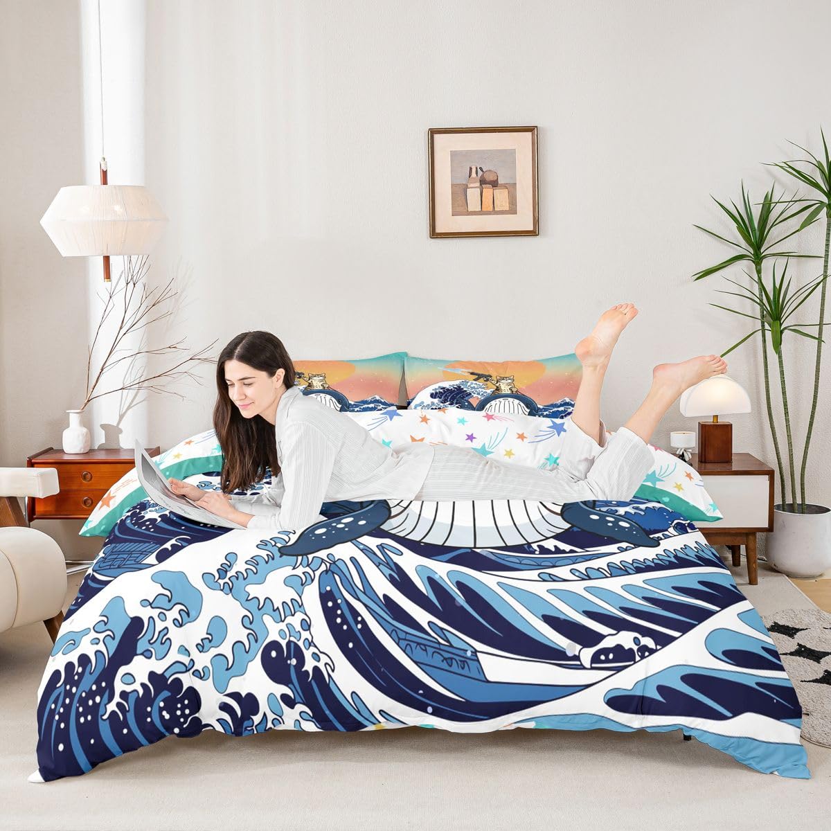 Homewish Whale Beach - Set di biancheria da letto con copripiumino super king size kawaii coraggiosi gatto giapponese acquerello cielo stellato tramonto copripiumino blu oceano onde Ukiyoe set da
