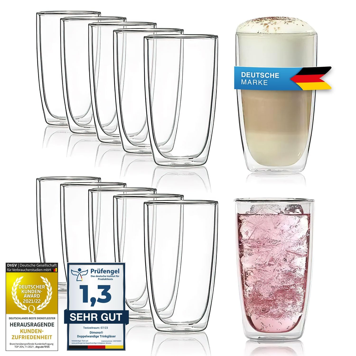 Dimono® Vaso de vidrio borosilicato de doble pared Vaso de agua Latte Macchiato Vaso largo para bebidas y cócteles (12 piezas vaso largo)