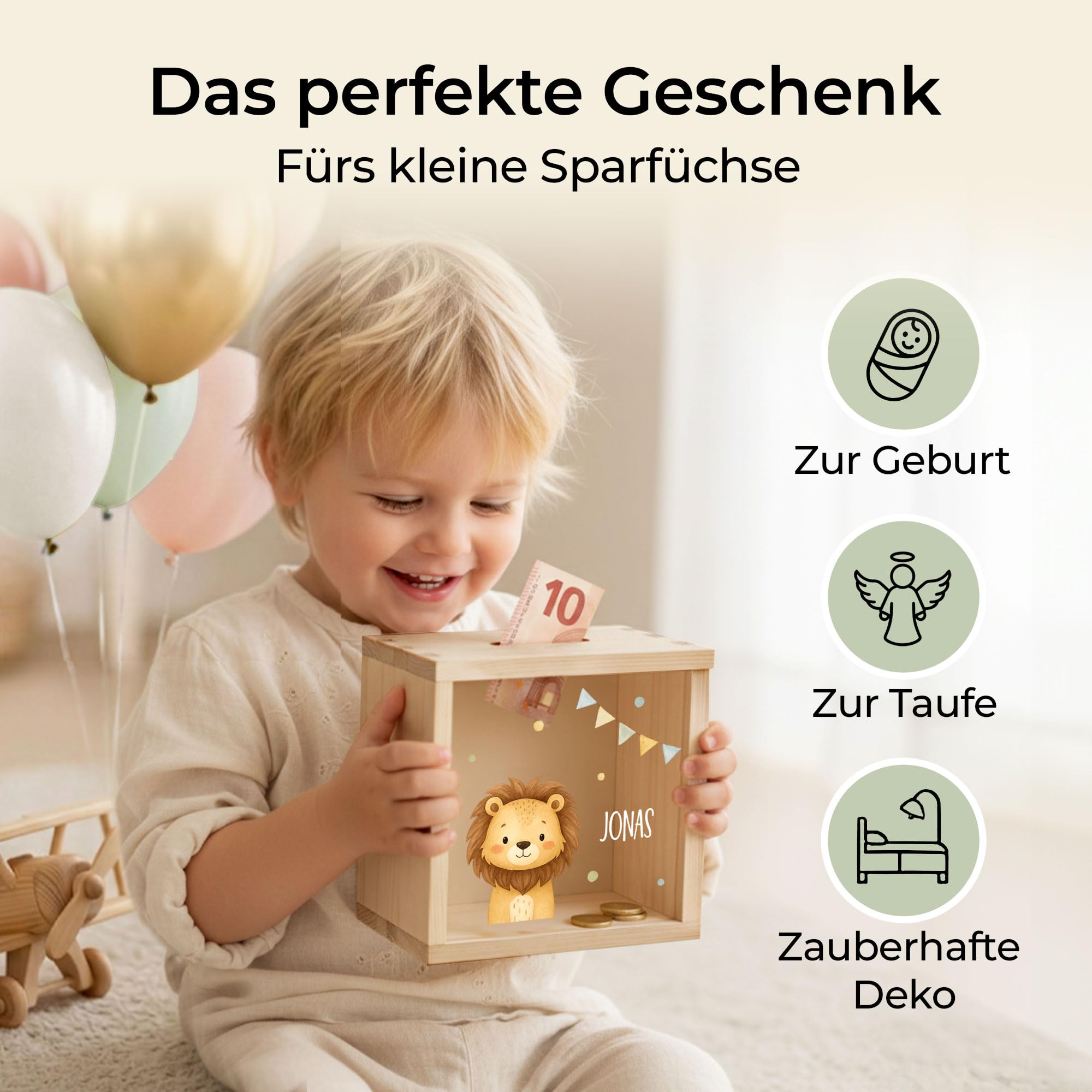Little-Deco Spardose, Geldkassette, Sparbox, Geld sparen, Sparschwein Kinder, personalisierte Geschenke Kinder, personalisierte Spardose, Holzspardose, Taufgeschenke, Geschenk zur Geburt, 15x15cm