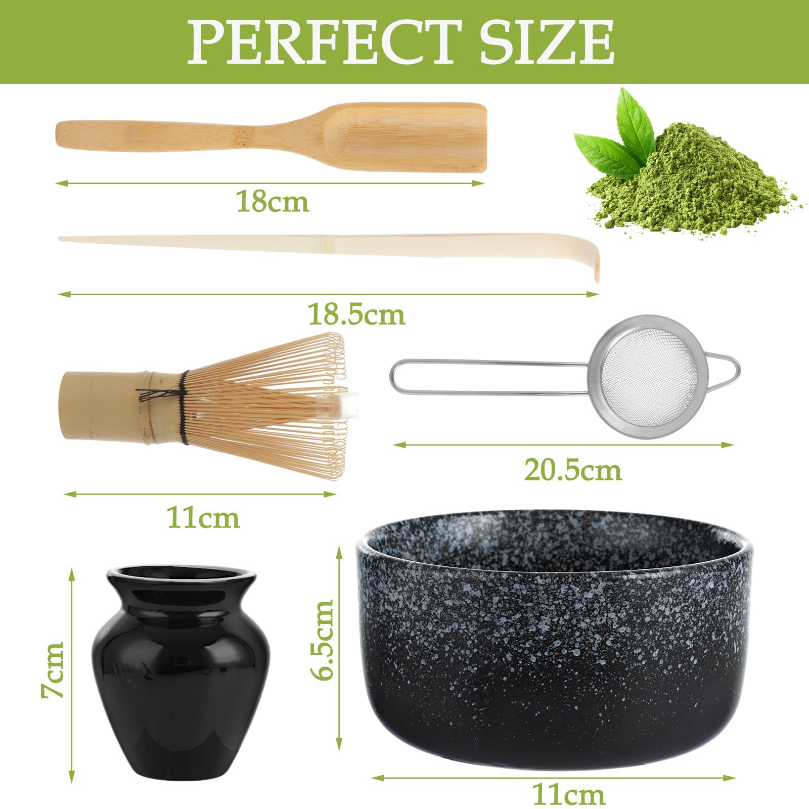 ASelected Matcha zestaw 6 miotł do herbaty Macha z miotłą matcha, miotłą matcha, łyżeczką, sitkiem do herbaty, uchwytem na miotłę, zestaw startowy do różnych napojów w proszku, takich jak kakao lub