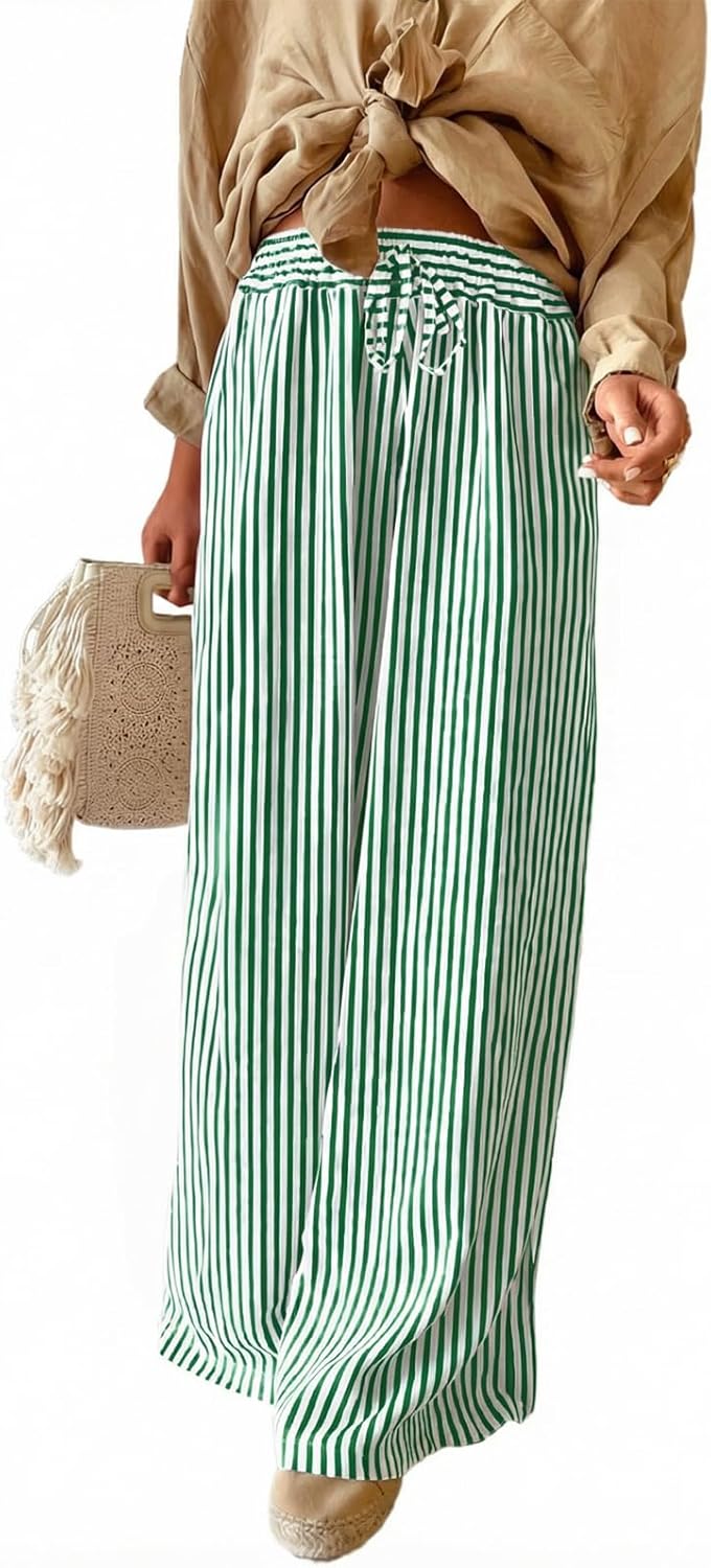 Acelitt Women Casual Drawstring Elastic Waist Striped Wide Leg Pants with Pockets, S-XXL