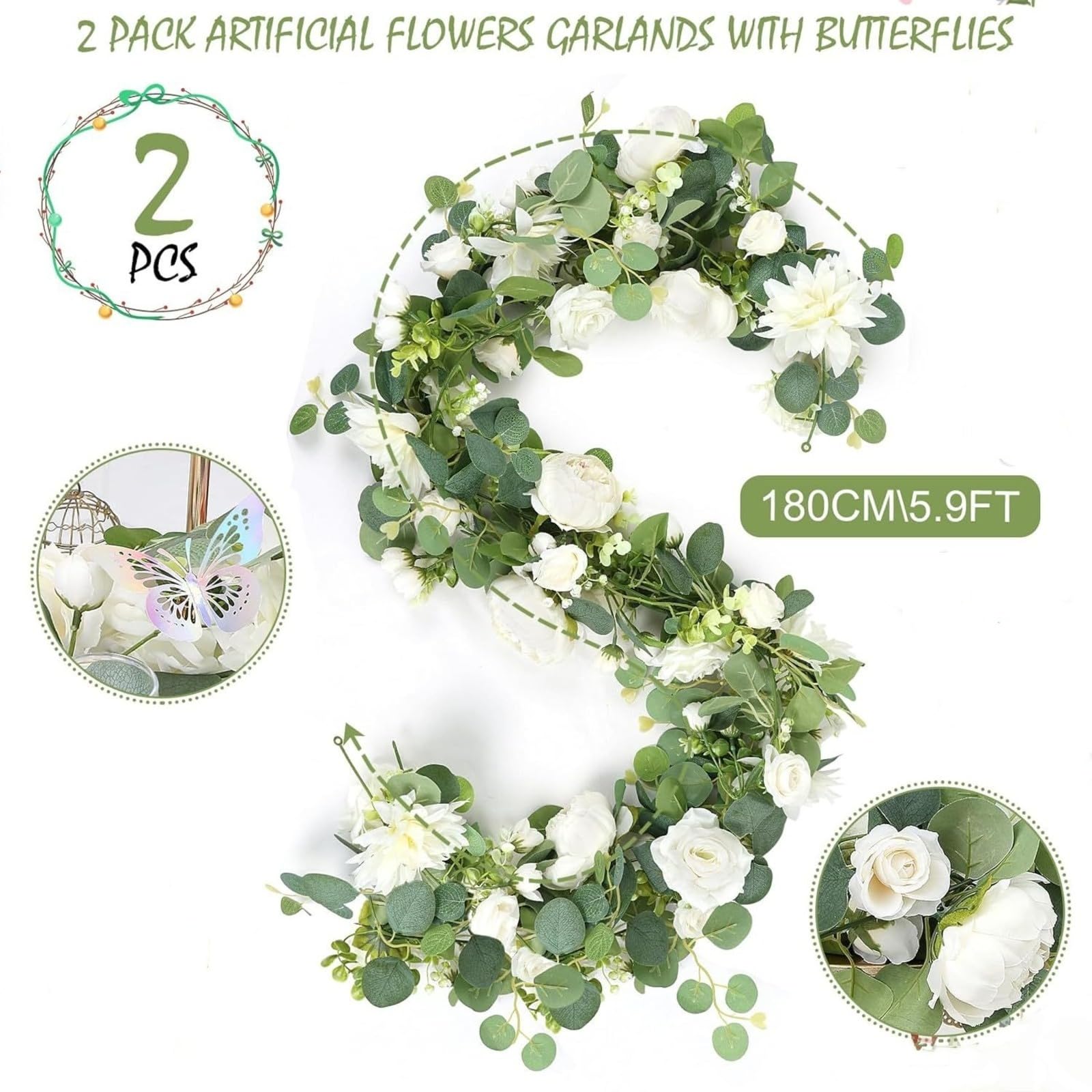 Künstliche Pfingstrosen-Girlande, 1,5 m, künstliche Blumenranke mit Schmetterlingen und Eukalyptus, Hochzeit, Zuhause, Wandbehang, Dekoration, Weiß, 2 Stück
