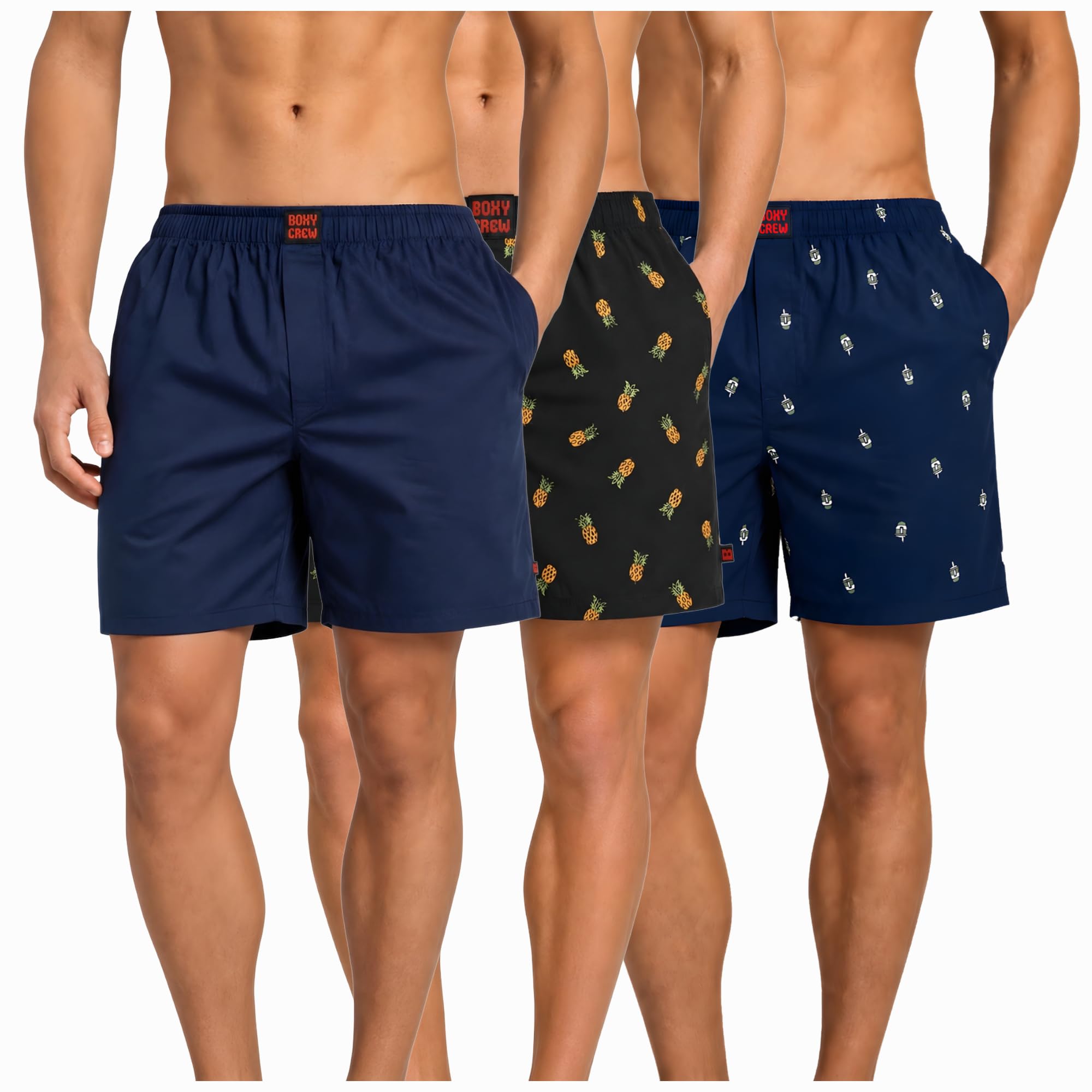 Men's 100% Cotton Boxer Shorts Pack of 3, Navy Blue, Charcoal & Navy Blue | Woven Boxers with Side Pockets, No-Marks Elastic Waistband, Breathable Relaxed Fit | Style 002-004-011-image-41