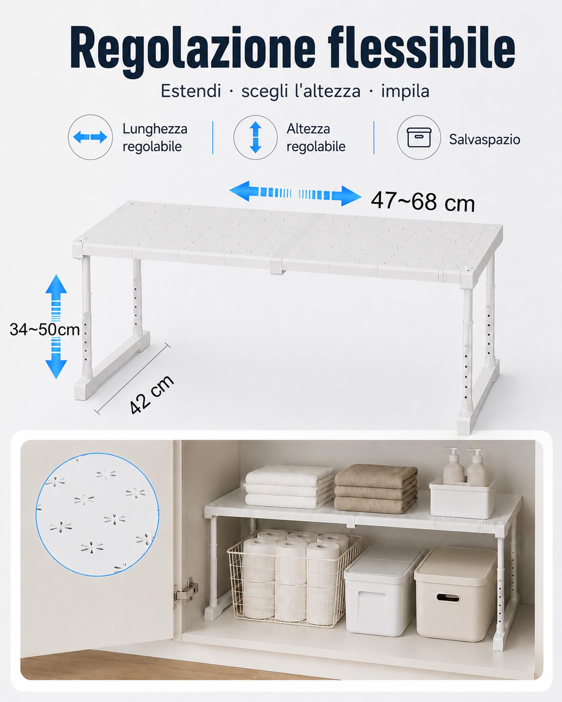 Armadio espandibile, impilabile, scaffale portaoggetti regolabile in altezza, bianco, organizer regolabile, lunghezza 47-68 cm, robusto scaffale per cucina, bagno, dispensa