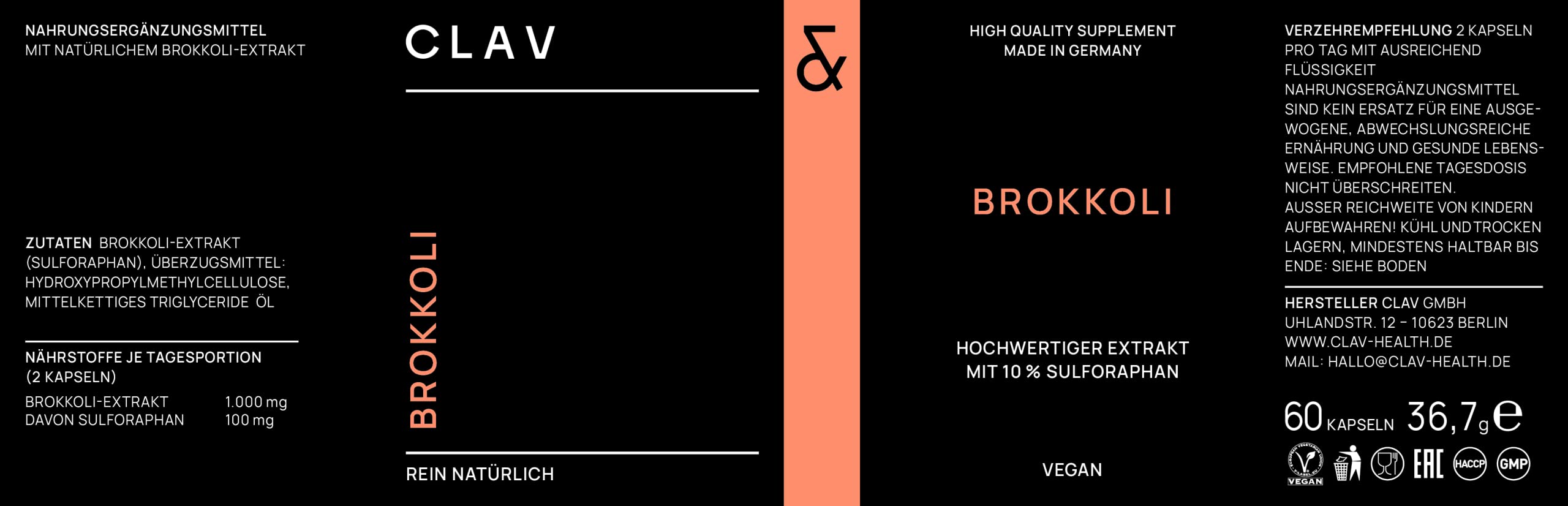 CLAV® Brokkoli Extrakt, Sulforaphan Hochdosiert, 180 Vegane Kapseln | Für Zellschutz, reich an Antioxidantien, Vitaminen & Mineralstoffen, aus Brokkolisprossen, Laborgeprüft, im Apothekerglas