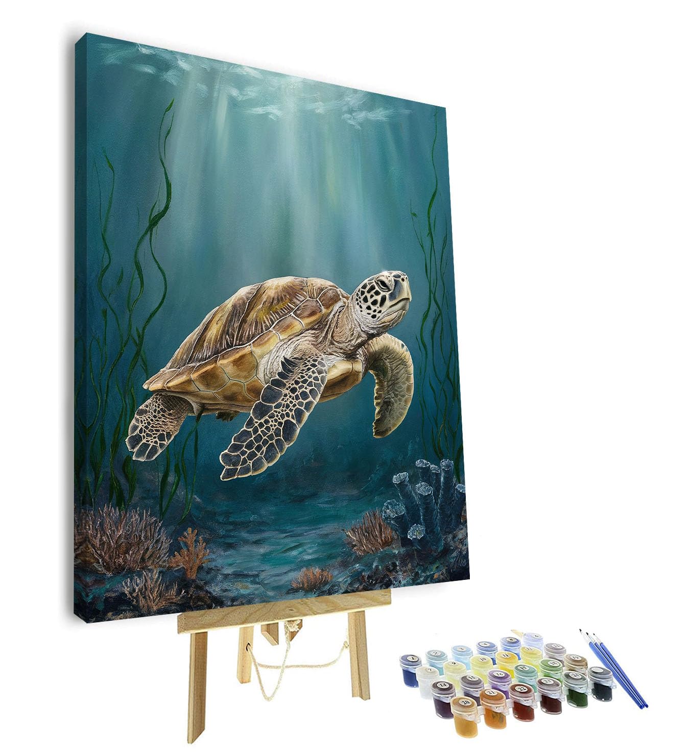 TISHIRON Painting by Numbers Canvas, Adult Paint by Number - Sea Turtle Swimming in a Vibrant Coral Reef Ocean, Underwater Marine Life Art, Paint by Numbers Kit for Adults - 16x20 Inch(Framed)