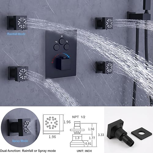 Miniatura 5 de Sistema de ducha Body Jet WHSHOWER con válvula termostática, grifo de lluvia combinado con doble función, 4 chorros corporales, cabezal de ducha LED