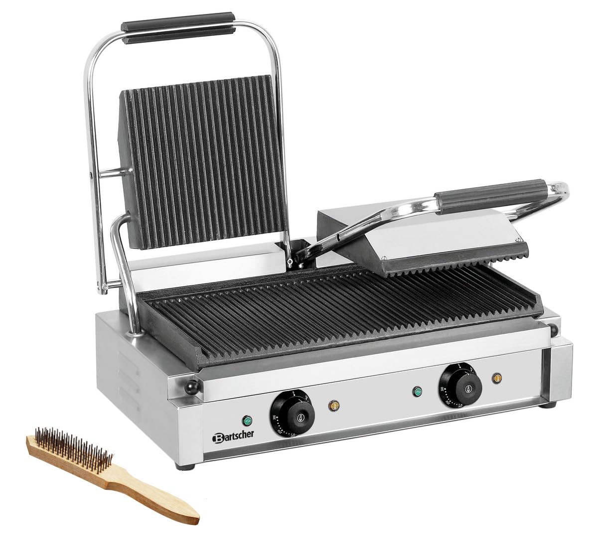 Bartscher Kontaktgrill 3600 2R aus Edelstahl mit 2 gerillten Gusseisen-Grillplatten, 3,6 kW, thermostatisch regelbar, silbergrau, für Gastronomie