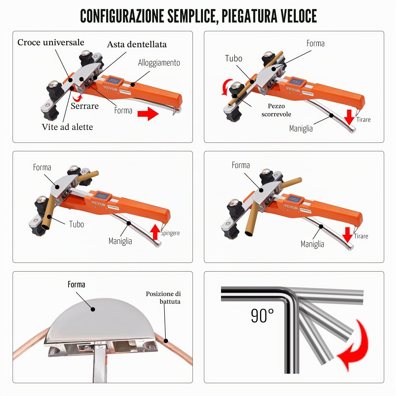 VEVOR Kit Piegatubi per Curvatura Angolazione di Piegatura 90° con 7 Matrici 1/4 a 7/8 pollici Sostituibili Fornito in Valigetta Portatile, Curvatubi a Cricchetto Pieghevole Bidirezionale a 90° 4,86kg