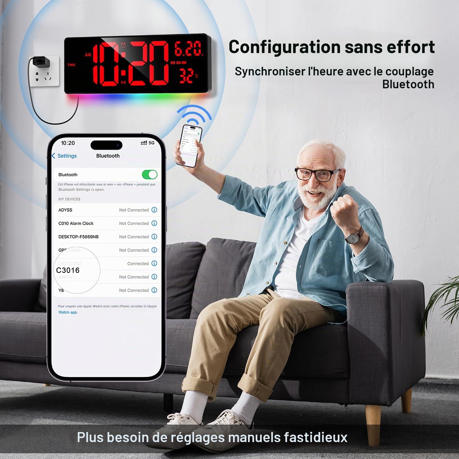 XREXS Horloge Murale 16,5" Écran Rouge Barre Lumineuse Colorée