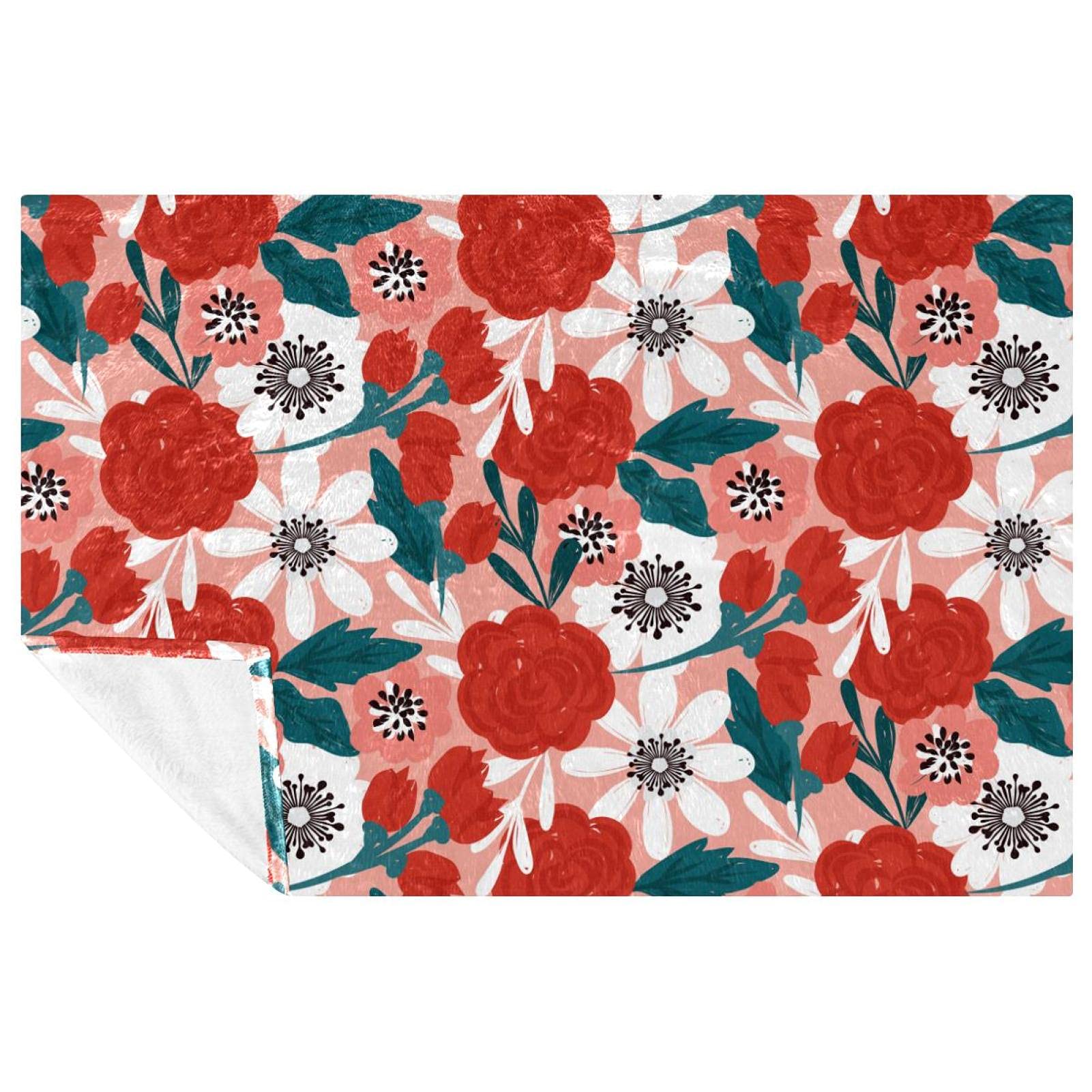 Couverture douce et chaude à motif floral rouge et blanc 150x100 cm pour lit et pique-nique
