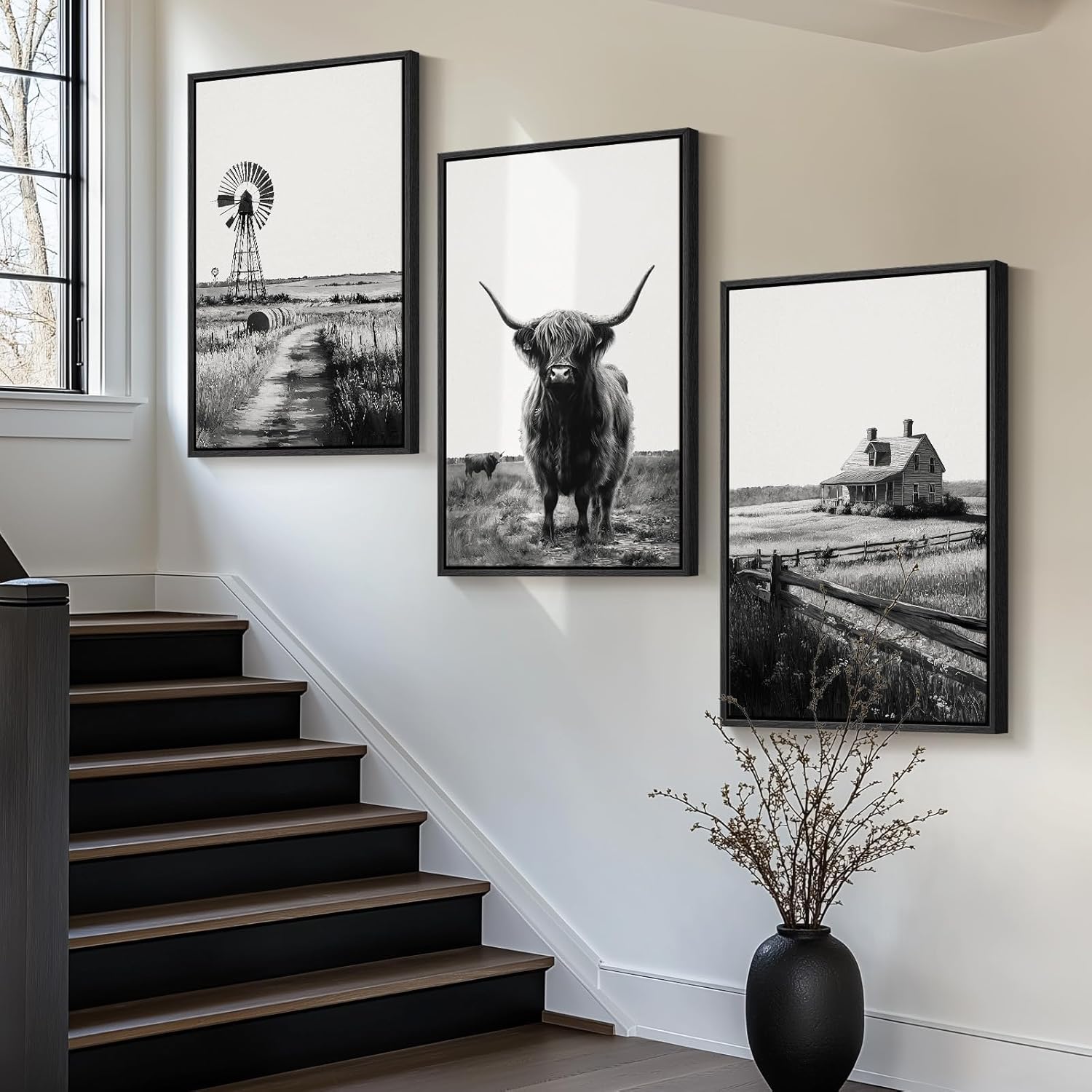 Framed Highland Cow Wall Art Set of 3, Black and White Farmhouse Canvas Prints, Vintage Rustic Western Barn Decor for Living Room Bedroom Dining Room or Hallway, 20x30 Inch