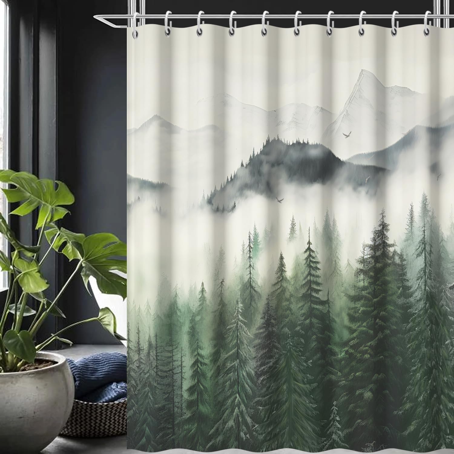 Uiyiui Multicolor-3 Green Misty Forest Fabric Shower Curtain 72X72in/183X183cm/Wxh Mountain Waterproof Nature Scenery Modern Bathroom Curtains For Restroom Bathtub Decor With Hooks