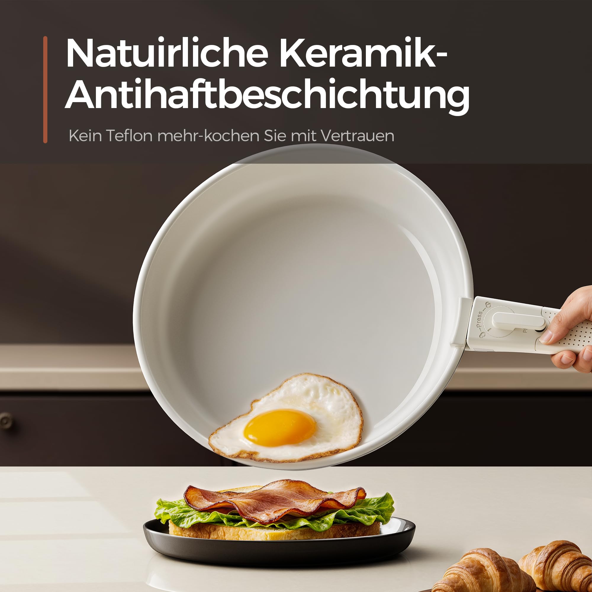 5-Teiliges Antihaft Keramik Pfannenset mit Abnehmbarem Griff, 3-Schichtiger Edelstahl Topf Set-PTFE/PFAS/PFOA frei, Töpfe Induktion, Platzsparendes Kochgeschirr, Backofen & Spülmaschinenfest