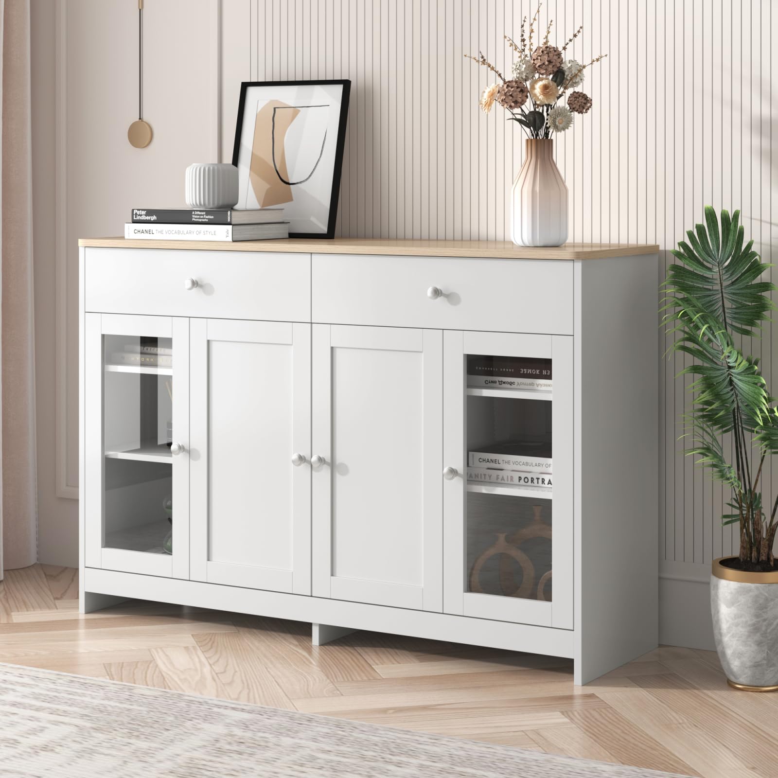Kredens z białym rysunkiem słojów, komoda z 4 drzwiami i 2 szufladami, komoda z szufladami z regulowanym regałem, uniwersalna szafka do korytarza, salonu, 120 x 37 x 80 cm, kolor drewna i