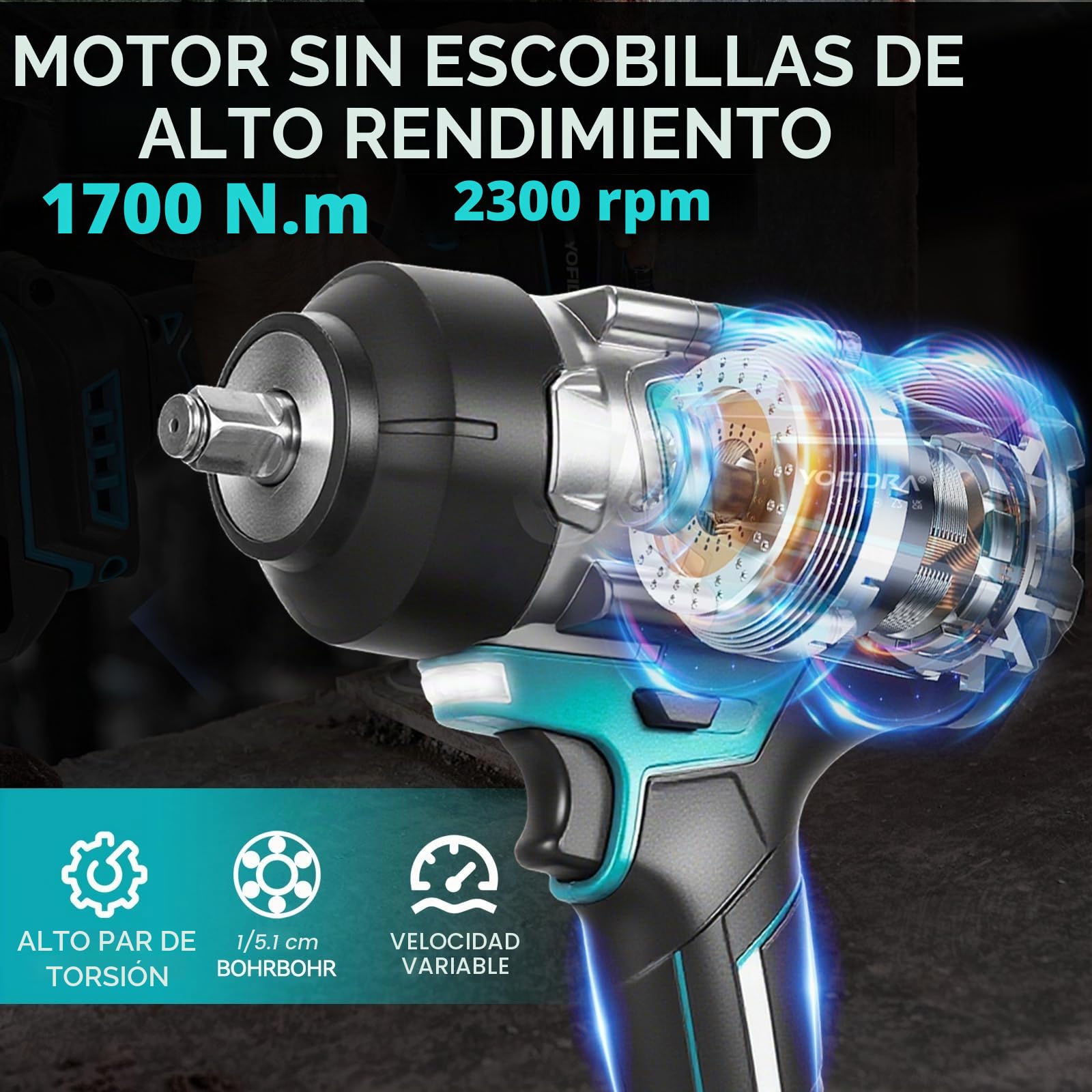 Yofidra Llave de Impacto Inalámbrica sin Escobillas 1700 Nm,1/2" Llave de Impacto Eléctrica 2 Batería 3000 mAh, 3 velocidades, luz LED, 4 vasos, Pistola de Impacto Baterías para y maquinaria pesada