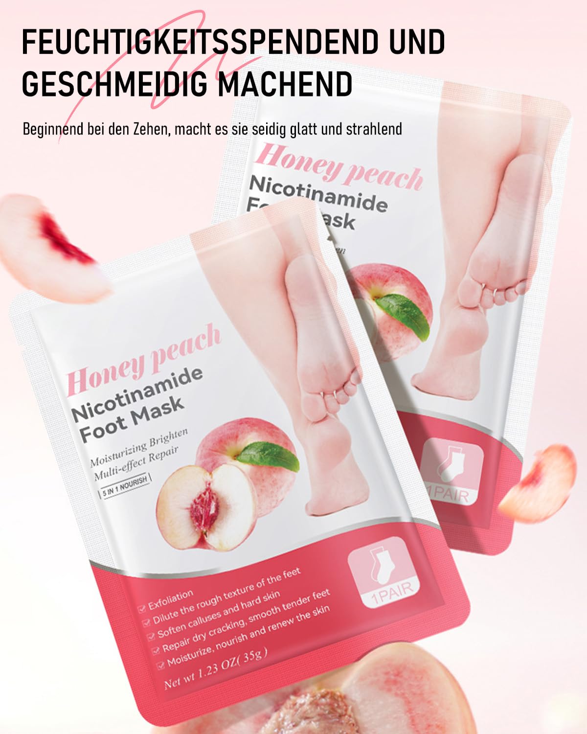6 paia di maschere per piedi di pesca con niacinamide, idratanti e riparanti, peeling contro calli e pelle secca, maschera per piedi morbidi e delicati