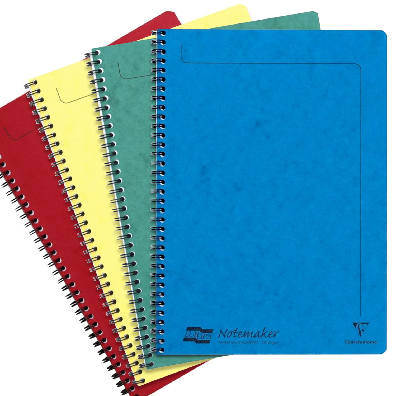 Clairefontaine Europa Notemaker Spiral Notebook | Pack of 4 Notebooks | 120 Detachable Lined Ruled White Pages | Glossy Card Cover, 90gsm Paper | Twin-Wire Bound | A4, Red, Lemon, Green, Blue