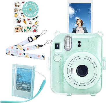 Fuji Mini 12 Camera Case, Hard PC Clear Case for Instax Mini 12 Instant Camera with Stickers & Photo Storage Holder - Instant Camera Accessories - Glitter Green