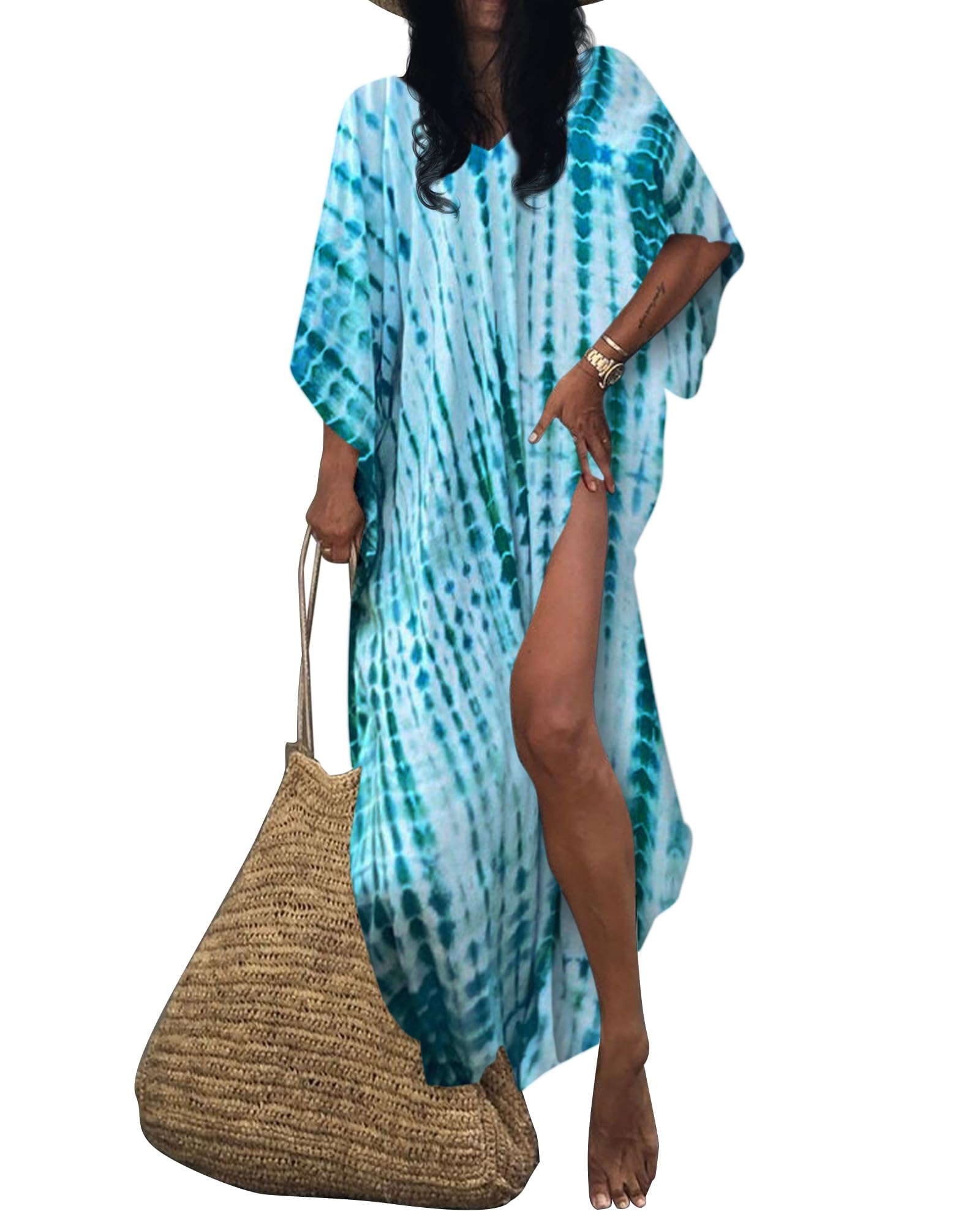 Bsubseach Damen Strandkleid Boho Strandponcho Plus Größe Kaftan Sommerkleid Maxikleid Lose Maxi Kimono Kaftan