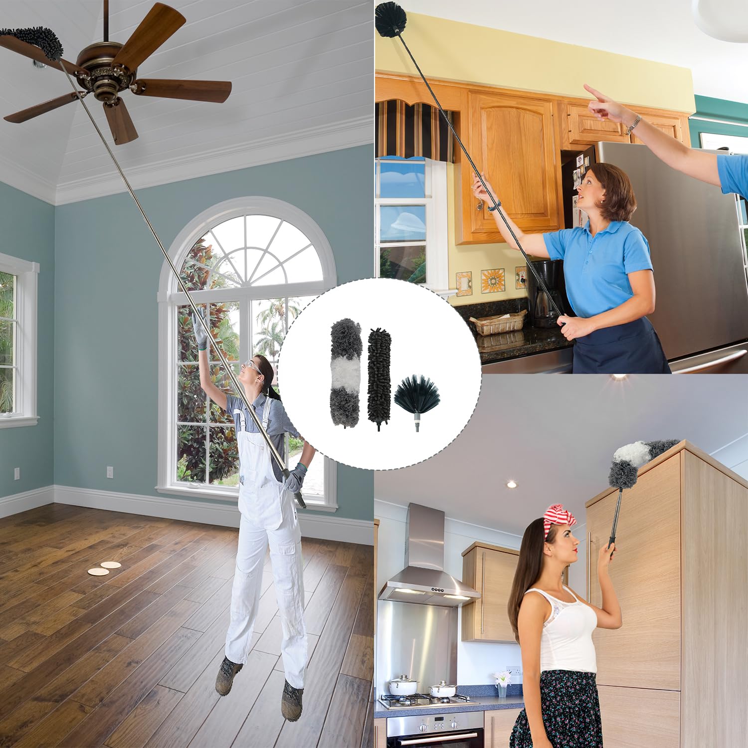 Plumero de mango largo de 100 pulgadas con poste de extensión, kit de limpiador de ventilador de techo flexible con 3 cabezales de plumero, plumero lavable para limpiar ventiladores de techo, muebles