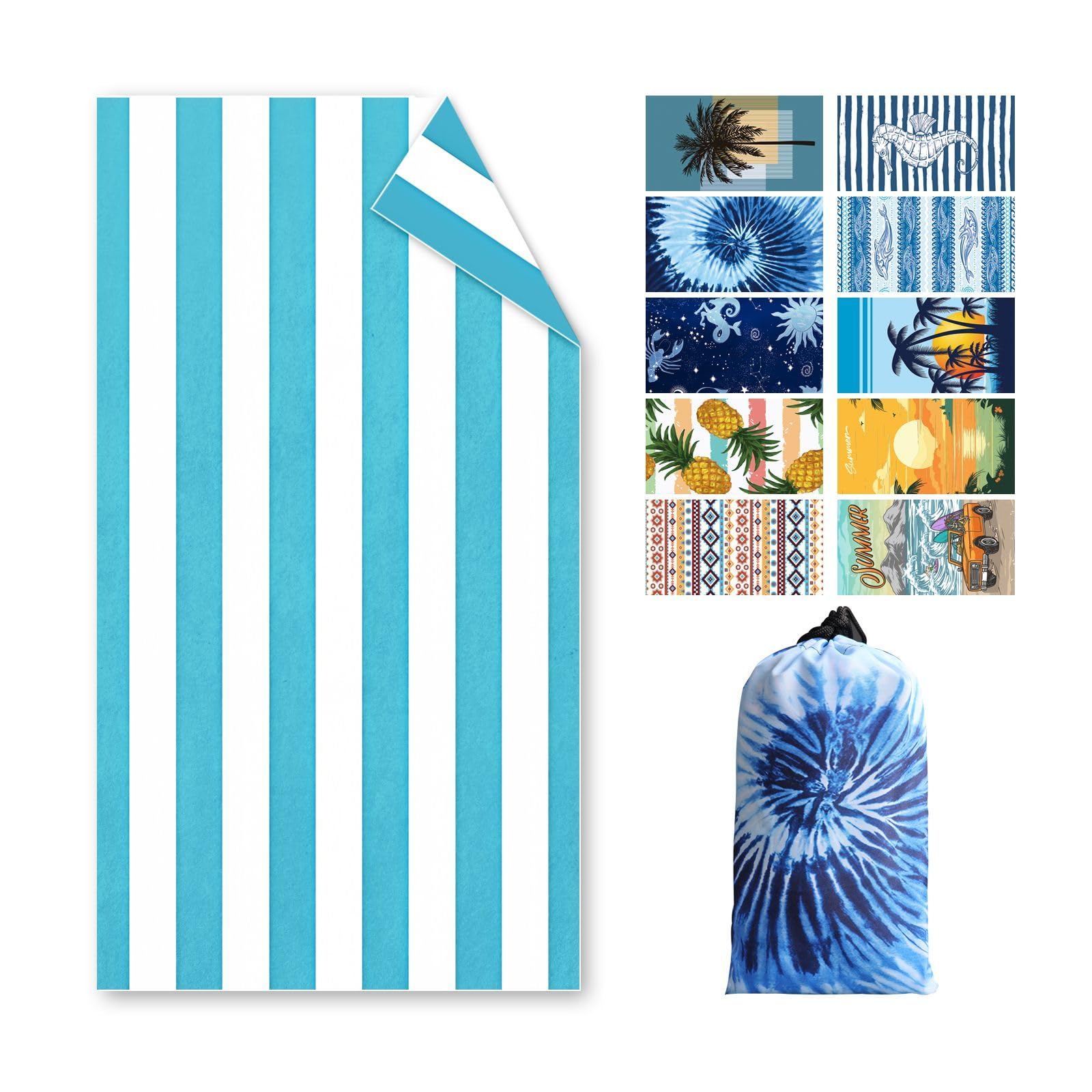 Strandtuch Groß, 180 x 100 cm Doppelseitig Strandhandtuch, Schnell Trocknendes, Weiches, Leichtes, Pflegeleicht, Sandfreies Microfaser Handtücher für Reise Urlaub Schwimmen Camping, m it Tasche