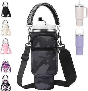 Water Bottle Carrier Bag with Paracord Handle for Stanley 40/30 oz Tumbler Neoprene Insulated Mug Sleeve Pouch with 2 Pockets & Adjustable Strap & Straw Cover for Stanley Cup Accessories