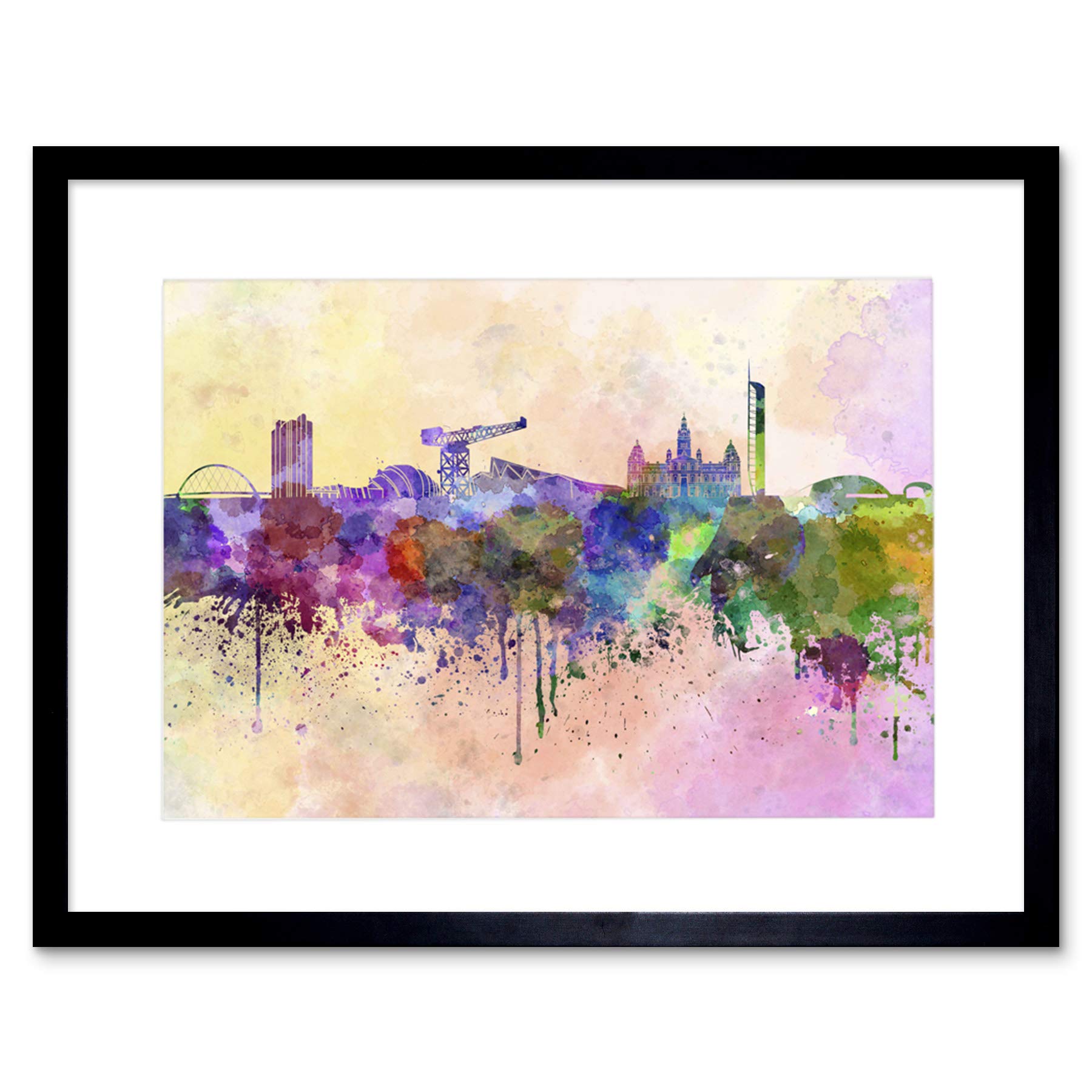 Wee Blue Coo Painting Cityscape Paint Splash Skyline Glasgow Framed Wall Art Print