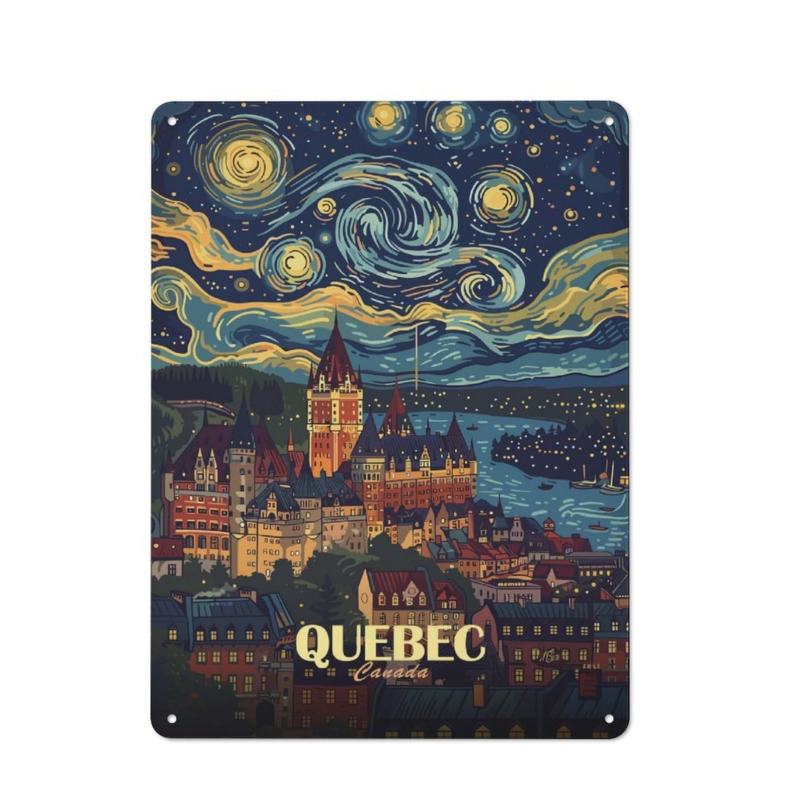 Junmoney Style Quebec Cityscape With Starry Night Sky Cafe Metal Sign 40X30cm, Bistro Bistro Wall Plaque For Coffee Bar, Small Shop Or Dining Room