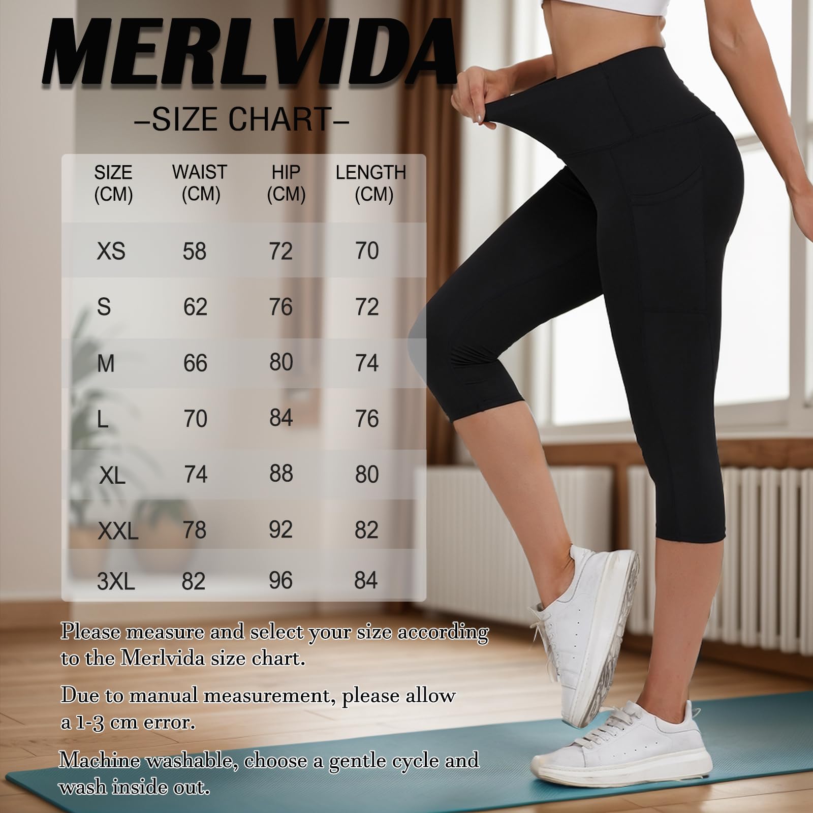 Merlvida Capri Legginsy damskie z wysokim stanem, sportowe legginsy z kieszeniami, nieprzejrzyste, krótkie, sportowe, elastyczne, czarne, spodnie 7/8, na lato, do jogi, siłowni, fitnessu