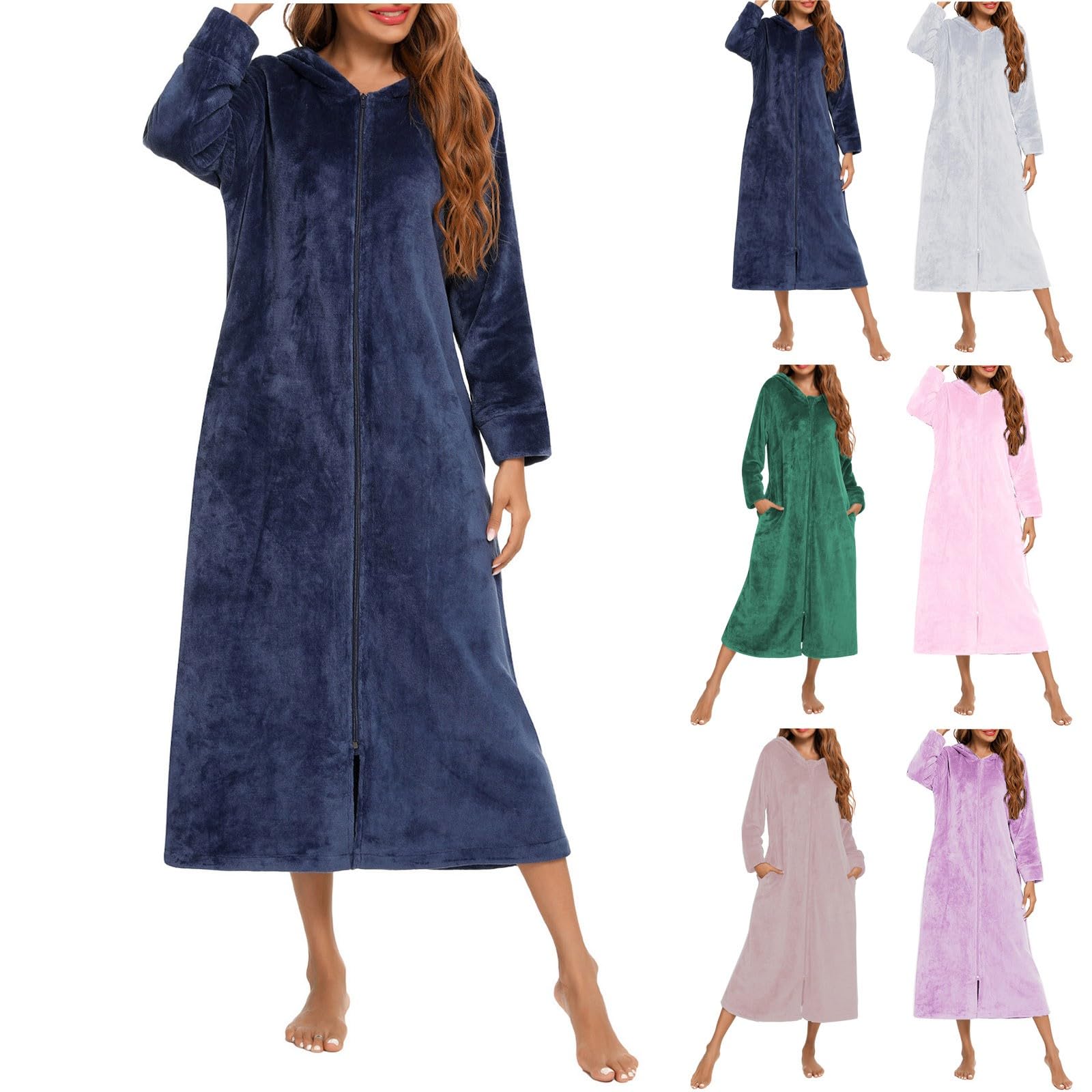 Generisch Bata cálida para mujer, larga con capucha, albornoz con cremallera, albornoz para sauna, mullido, suave, acogedor, bata de franela, camisón de invierno, ropa de dormir holgada