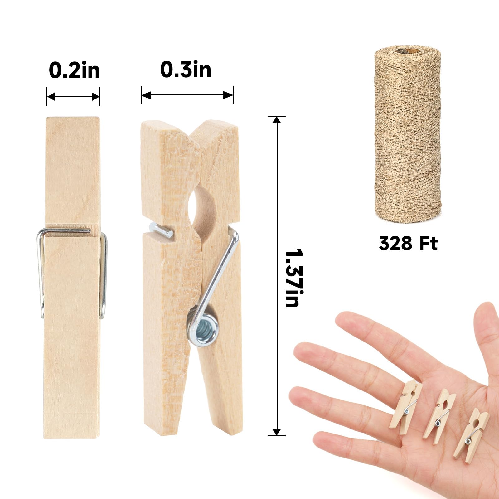 FDHBDF 100 stuks houten knijpers in hartvorm, wit, mini-wasknijpers van hout, fotohouder, met 10 m jute koord voor bruiloft, fotohouder en kleding