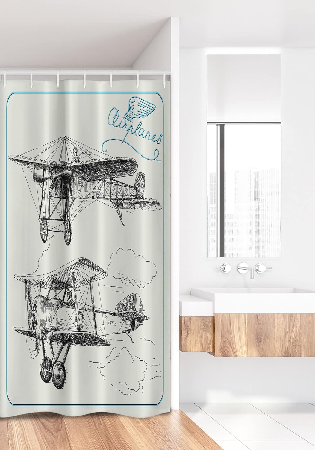 Ambesonne Airplane Stall Shower Curtain, Classic Nostalgic Planes Aircraft Propeller in The Sky Fast Travel Wings Sketch, Fabric Bathroom Decor Set with Hooks, 36" W x 72" L, Blue Black