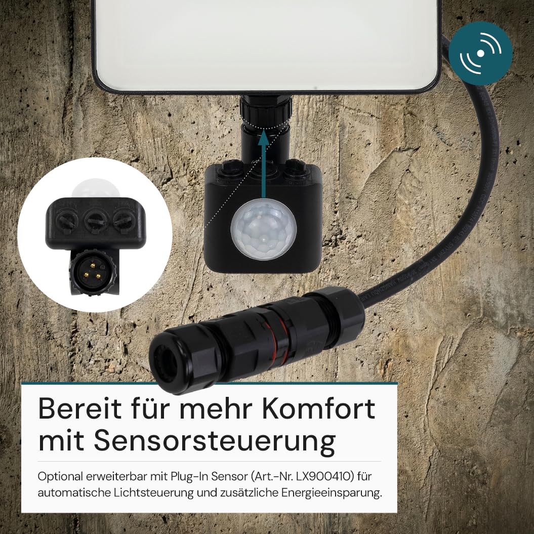 LUXULA LED Strahler mit Bewegungsmelder außen 4 Stück - 50W 6000lm 4000K neutralweiß, IP65 230V Fluter mit Kabelverbinder, 120° verstellbar, Wand- & Eckmontage für Hauswand, Einfahrt, Hof