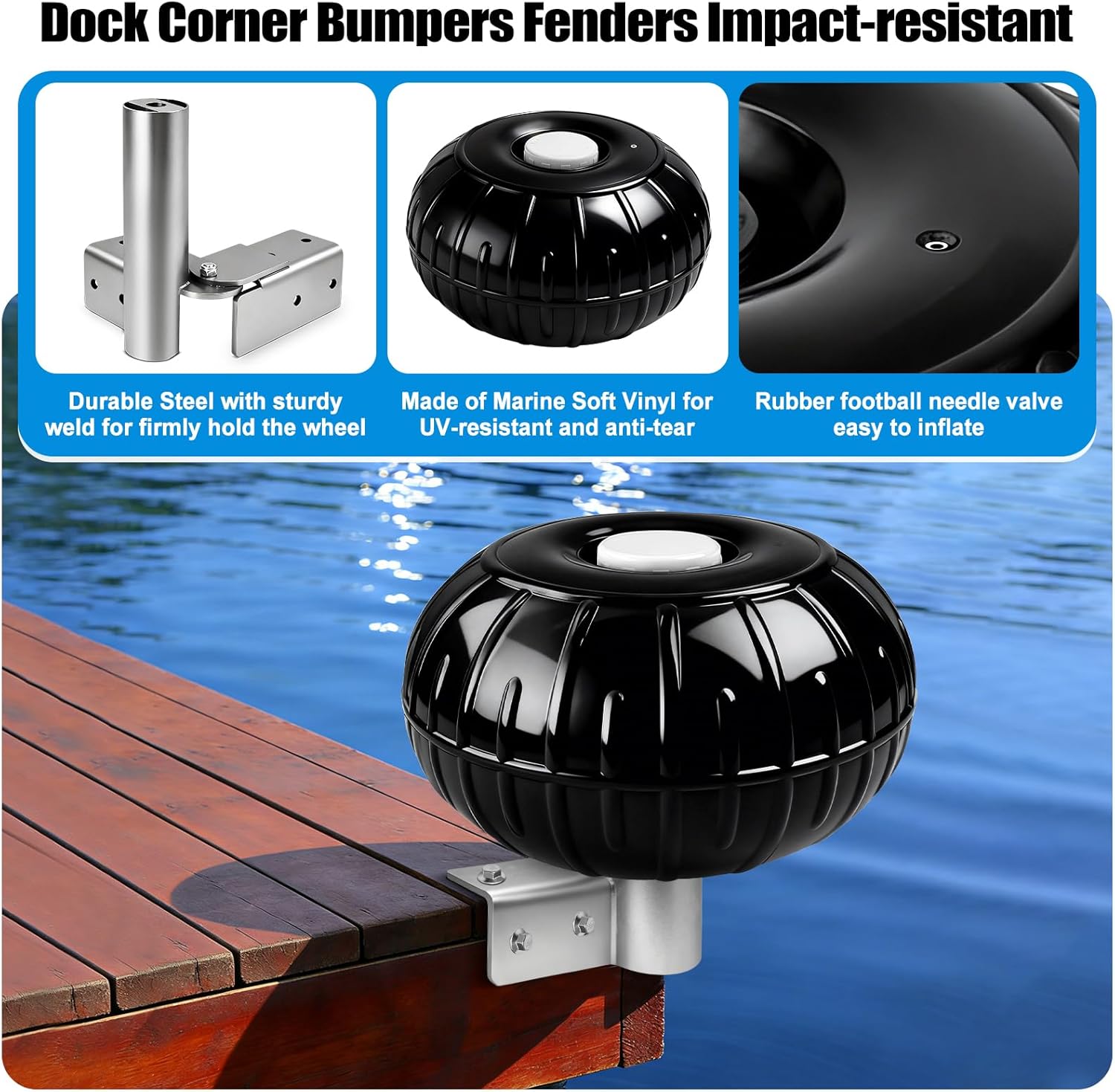 Dock Bumpers Wheel,Corner Mount Dock Boat Bumper Wheel for Docking Pontoon Boat, 12''Inflatable Dock Fender Wheels,with Heavy-Duty Hardware