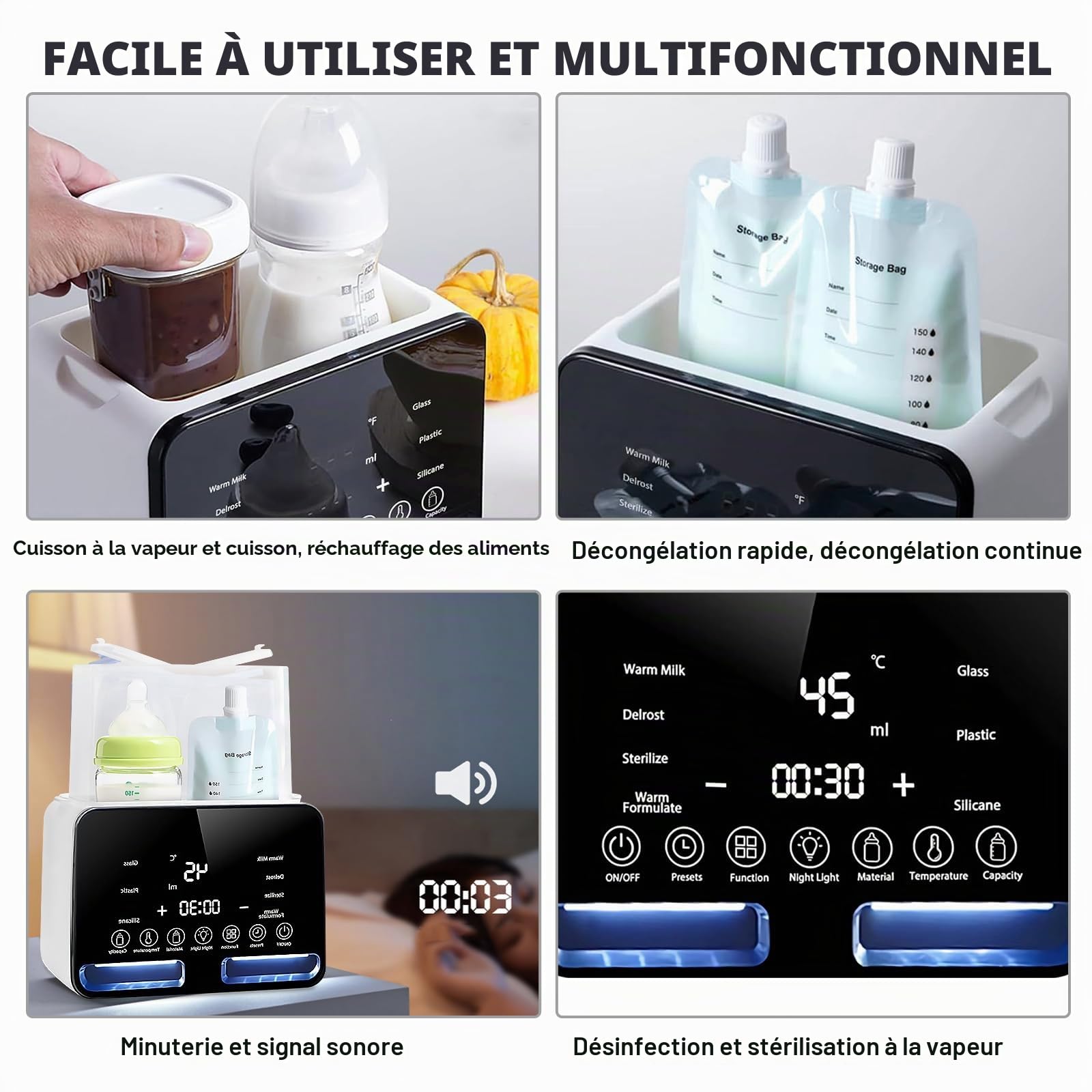 Chauffe-biberon 11 en 1 pour bébé, avec stérilisateur à vapeur, décongélation, minuterie, affichage de la température en temps réel et fonction de maintien au chaud, chauffe-lait maternel avec écran
