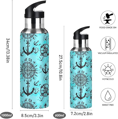 Miniatura 2 de Nautical Anchors Teal Black Stainless Steel Water Bottle 20 Oz Leakproof Water Bottles, BPA-Free Sport Water Bottle Insulated