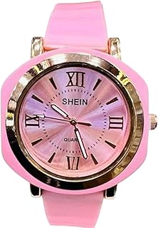 ساعة يد كوارتز نسائية، مينا وردية، حزام سيليكون وردي، إطار ذهبي